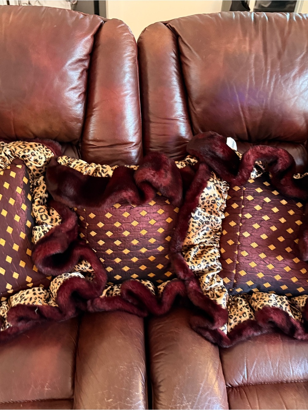 Burgundy Faux-Fur Ruffle Accent Pillow with Leopard Trim